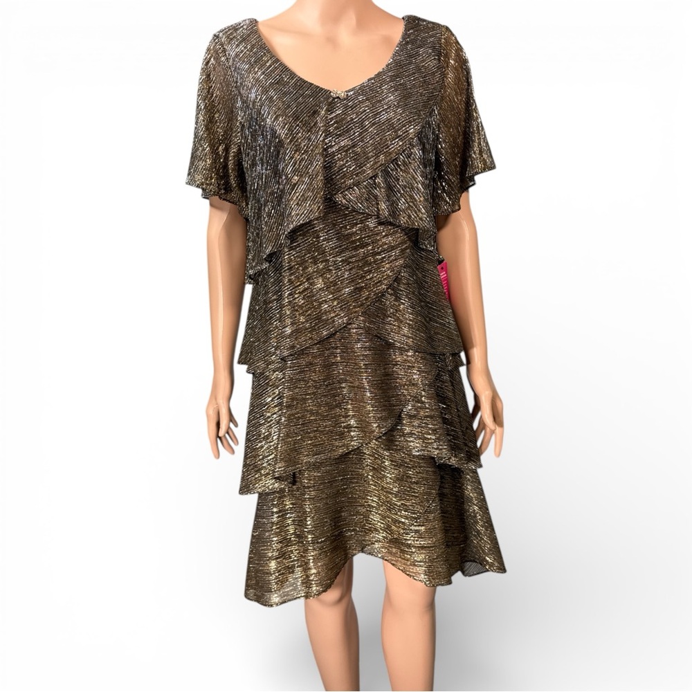 SLNY Black Gold Metallic Tiered Ruffle Cocktail‎ Dress Rhinestone Bow 6 9155124